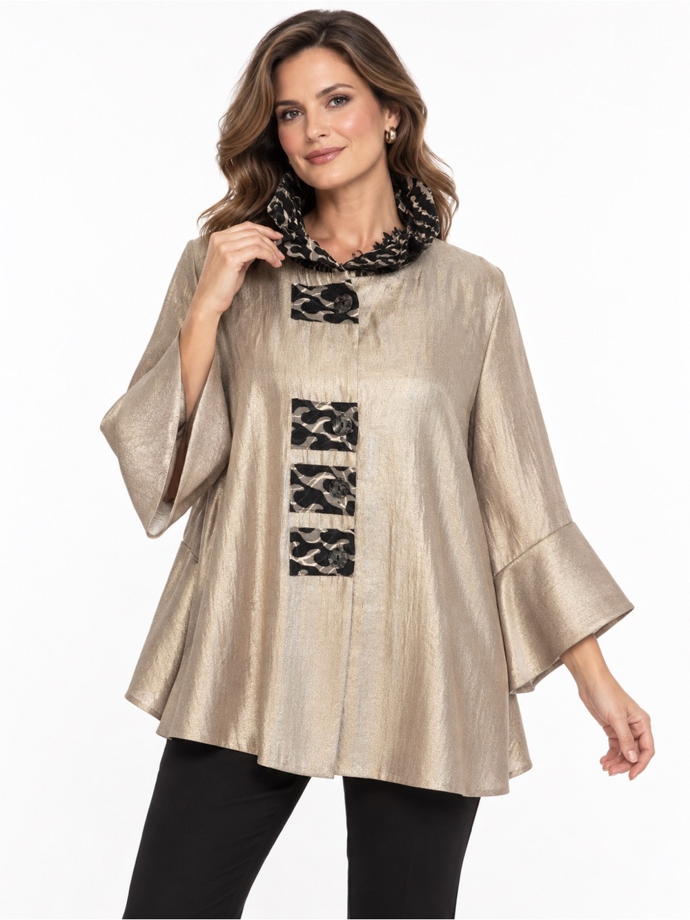 Damee Inc Metallic Gold Art to Wear Jacket Women’s L Bell Sleeve Statement Coat